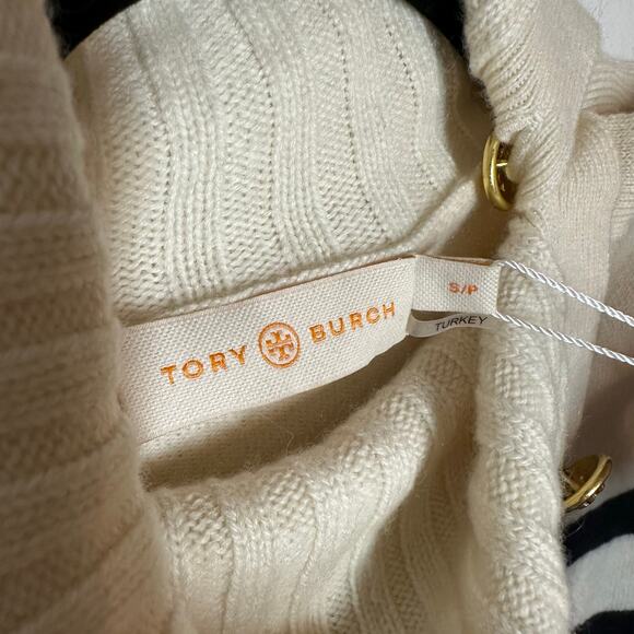 NEW Tory Burch Sandra Cream Striped Turtleneck Cowl Cashmere Sweater Size Small - Picture 7 of 14